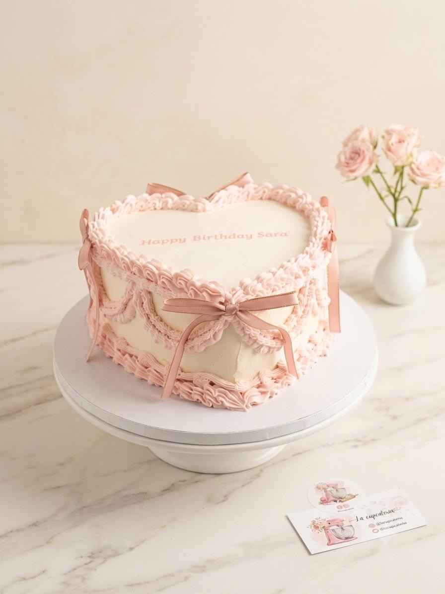 Rosa Herztorte mit Schleife und Spritzrand