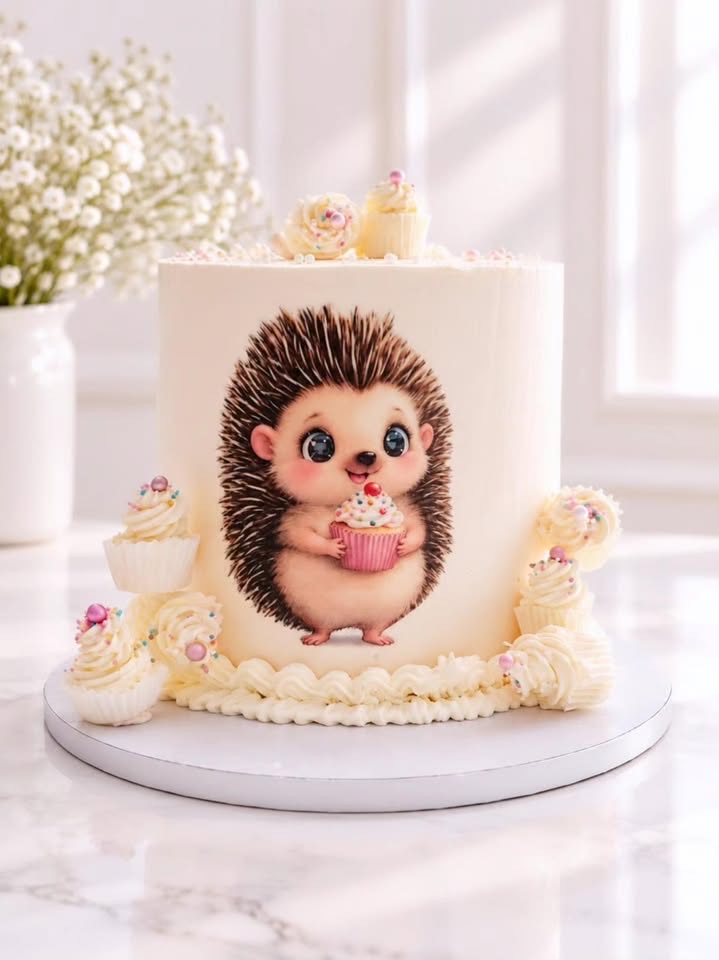 Weisse Torte mit gemaltem Igel und Mini-Cupcakes